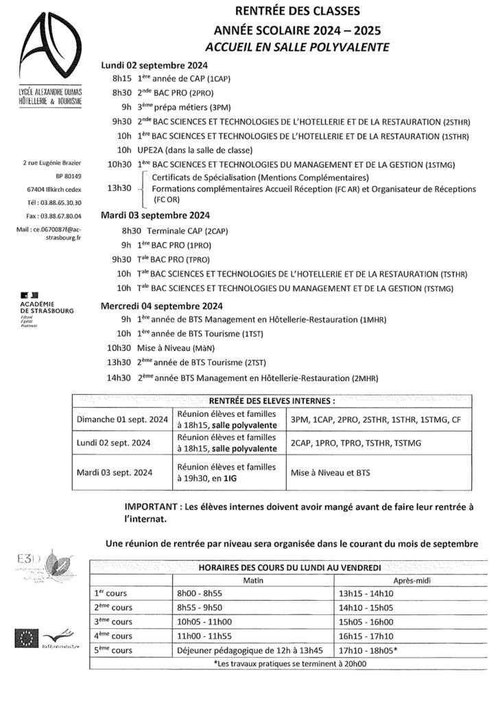 Dates de rentrée