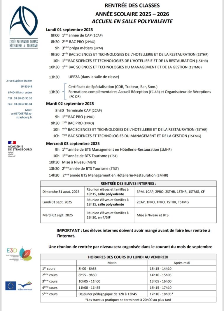 Dates de rentrée 1 Dates de rentrée
