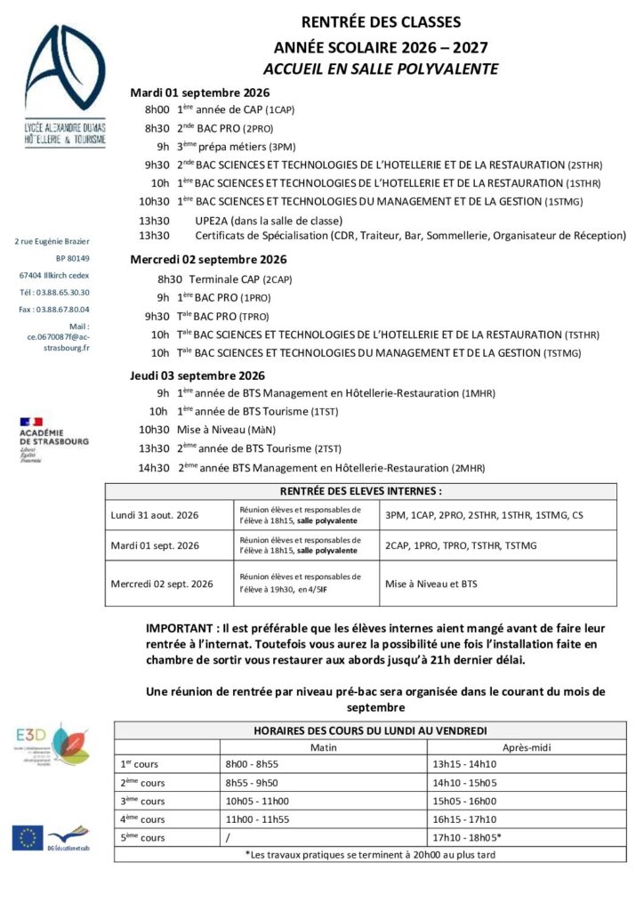 S'inscrire au lycée Alexandre Dumas 3 calendrier de rentree des classes 26 27 1 pdf