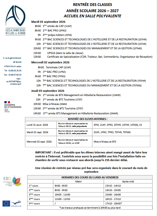 Calendrier de rentrée 2026-2027